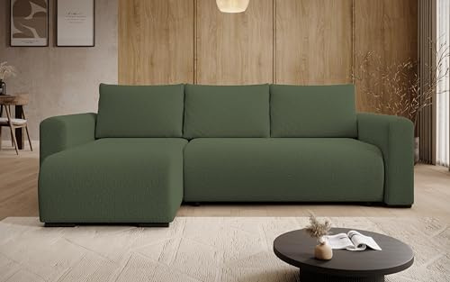 storez24 Ecksofa Tally, Eckcouch in L-Form mit Schlaffunktion und Bettkasten, Farbe: Grün, Bouclé-Stoff, Ottomane Links