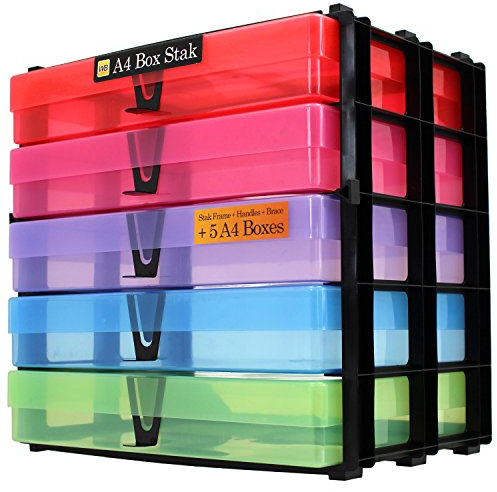 WestonBoxes A4 Box Stak, Stapelbare Aufbewahrungsbox-Einheit inklusive A4 Kunststoff-Aufbewahrungsboxen mit Deckel (Mehrfarbig, 1er Pack)