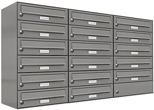 AL Briefkastensysteme 17er Briefkastenanlage Aluminiumgrau RAL 9007, Premium Briefkasten DIN A4, 17 Fach Postkasten modern Aufputz