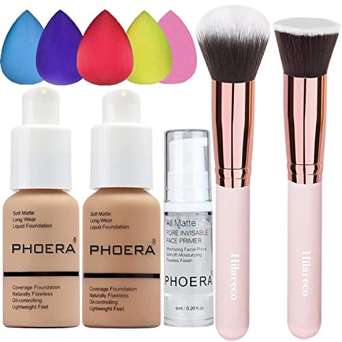 PHOERA Fondotinta per il Trucco per le Donne, set di Fondotinta a Copertura Totale, Pennello per Fondotinta, Pennello per Cipria (104 Buff Beige + 105 Sand, 340 g (Confezione da 1))