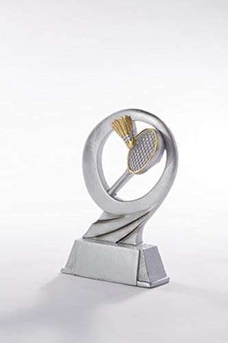 Henecka Badminton-Pokal, Resinfigur Badminton, Silber mit Gold, mit Wunschgravur, Größe 17 cm