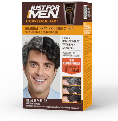 Just for Men Control GX Grey Reducing 2-in-1 Shampoo and Conditioner, Gradual Hair Color with Keratin for Stronger Thicker and Healthier Looking Hair, 4 Fl Oz - Pack of 1 (Packaging May Vary)