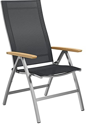 OUTLIV. Klappsessel Oviedo, Edelstahl Textilene Teak, Belastbarkeit 150 kg,Verstellbare Rückenlehne, Wetterfest, Klappbar, 61x55x110cm, Schwarz/Silber