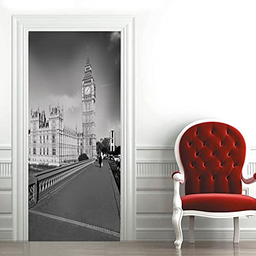 A.Monamour Türtapete Selbstklebend Türfolie Türposter 3D Der Big Ben London Street View Von Der Westminster Bridge In Schwarz Weiß Vinyl Folie Türdeko Tapete Wandbild Türaufkleber 85 x 200 cm