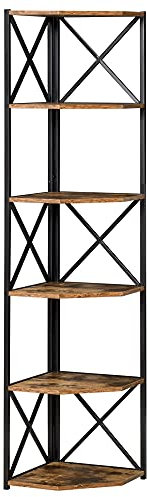 HOMCOM Libreria Angolare a Muro, Scaffale Stile Industriale in Legno e Metallo con 5 Ripiani, 39x39x175cm, Marrone Rustico