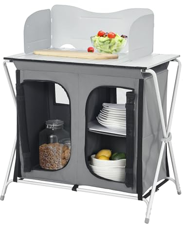 [en.casa] Campingküche Tullinge Outdoor Küche Campingschrank faltbar 104,5 x 80 x 50,5 cm Faltschrank mit Arbeitsplatte und Windschutz Reiseküche inkl. Tragetasche Aluminiumgestell Dunkelgrau