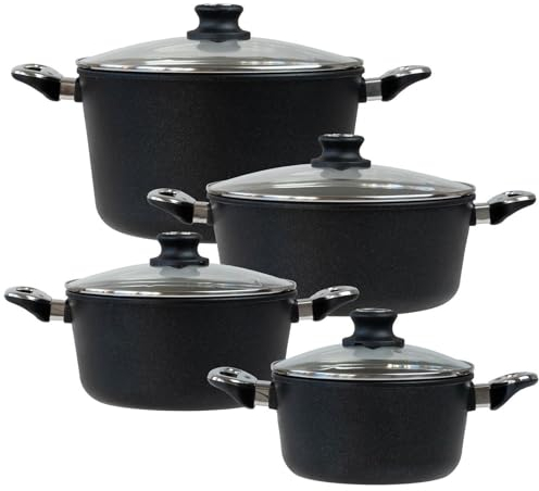 BAF Kochtopf Set Induktion 8-tlg. Kochtopf 24 cm + 28 cm, Bratentopf 20 cm und Gemüsetopf 28 cm - Topfset Aluguss beschichtet - Made in Germany