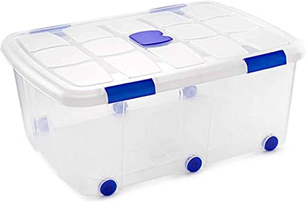 Acan - Caja de plástico transparente de 32,5 x 77 x 59 cm, con capacidad de 100 litros, Contenedor de plástico para almacenamiento con tapa y ruedas. (Con ruedas, 100 L)
