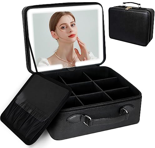 Make Up Tasche mit Beleuchtetem Spiegel, 3 Farbeinstellungen, Schminktasche mit verstellbaren Trennwänden, Reise Kosmetiktasche Damen mit Schminkspiegel, Make Up Zubehör und Werkzeugkoffer (Schwarz)