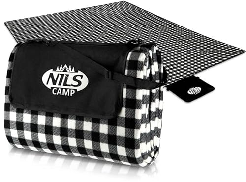 Nils Camp Picknickdecke Outdoor - Camping Decke mit Tragegriff - Faltbar Picknickmatte - Praktisch Stranddecke - wasserdichte und Sanddichte Unterseite - 300 x 200 cm - Grau Gitter