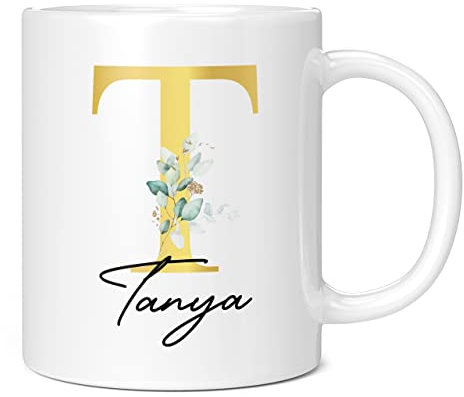 Personalised Letter T Floral Mug Initial with Name, Customised Gift, Gold Effect Printed Letter, NOT Metallic - Ceramic Coffee Cup for Men or Women, Extra Large and Giant Mug, 20oz White Cup