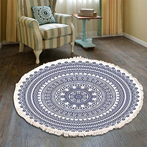 Tomifine Teppich Rund Bohemian Blume Groß Teppich Mandala Muster Quasten Waschbarer Baumwolle Teppich Wohnzimmer Schlafzimmer (200cm,Blau)