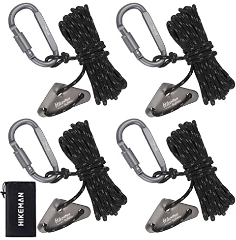 HIKEMAN 4mm Reflektierende Zelt Abspannseile - Outdoor 4M Zelt-Führungsseil mit Karabinerhaken,100% Nylonseile mit Aluminium-Abspannseilspanner für Zelt Zeltplane Camping (Schwarz)