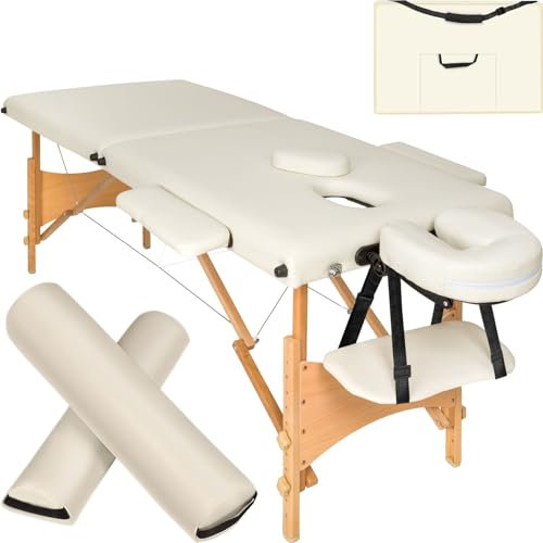 TecTake® Table de Massage Pliante Professionnelle 2 Zones Ergonomique Massage et Relaxation Bois Table Esthetique Professionnel Lit de Massage Portable, Accessoires & Housse de Transport - Beige