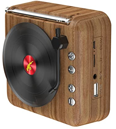 Retro Vinyl Schallplattenlautsprecher, mit UKW Radio, Bluetooth 5.0, U Disk, Plug In Karte und AUX Wiedergabe, HiFi Stereo, Integriertes Mikrofon, Phonograph Bluetooth Lautsprecher(Holzmaserung)
