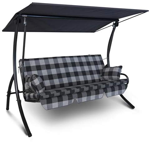 Angerer Freizeitmöbel GmbH Hollywoodschaukel Dream - Gartenschaukel Made in Germany - Schaukel zum Sitzen, Liegen und Entspannen - inklusive Bett-Funktion - einfache Montage (Grau-Schwarz kariert)