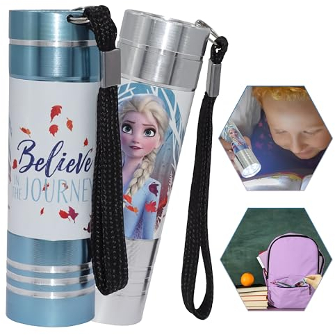 HOVUK Lot de 2 mini torches de poche LED | Mini lampes de poche La Reine des Neiges | Torches en aluminium pour enfants, voyages, fêtes de Noël, fêtes d'hiver 3 ans et plus (bleu ciel et argent)