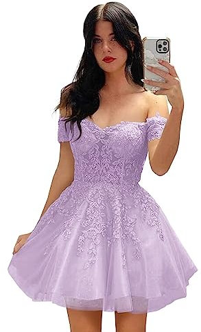 Basgute Lace Applique Short Homecoming Dresses for Teens Glitter Tulle Cold Shoulder Formal Prom Cocktail Gown, Lilac, 10