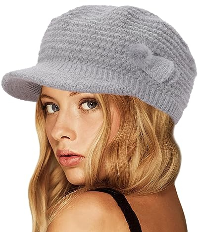 CheChury Women Knit Baker Boy Hats Winter Fleece Lined Beanie Knitted Peaked Beret Thermal Cap Newsboy Warm Ski Visor Hat,Grey