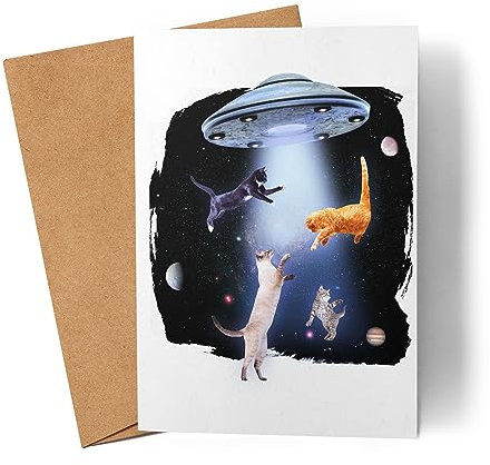 Lilavie-Design Katzen erobern das All Karte Grußkarte Katzenbesitzerin Katzenliebhaber UFO Witzig