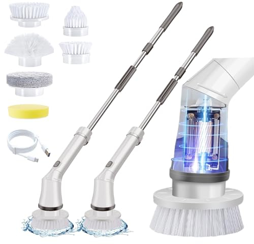 Elektrische Reinigungsbürste, Electric Spin Scrubber Schnurlos mit 6 Austauschbaren Bohrbürstenköpfen und Verstellbarem Griff, Duschreinigungsbürste Wanne Bodenfliese mopSet für Bad Fliesenboden Auto