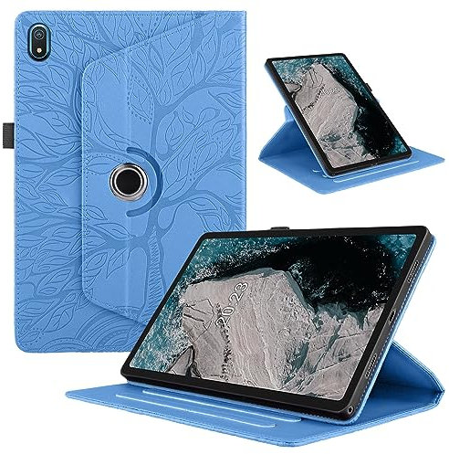 TEDTIKJT Tabletas Funda Compatible Nokia T20 10.4 2021 PU Cuero Flip Cover Protectora 360°Carcasa Giratoria de Soporte ángulo Múltiple con Auto-Sueño/Estela Cover Nokia T20, Azul Árboles