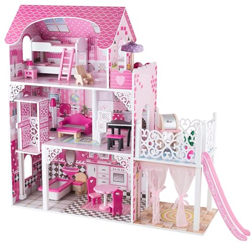 4iQ Group Puppenhaus aus Holz 90x32,5x89cm - Puppenhaus ab 3 Jahre Mädchen - Puppenhaus Groß XXL mit 3 Etagen und 2 Balkone - Dollhouse mit Möbeln und Zubehör