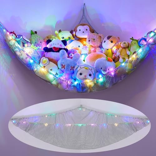 MHJY Toy Hammock for Stuffed Animals Soft Toy Storage Net with LED Light, Cuddly Toys Organizer Holder Large Corner Hanging Net Plush Macrame Kids Bedroom Nursery Furniture Room Decor
