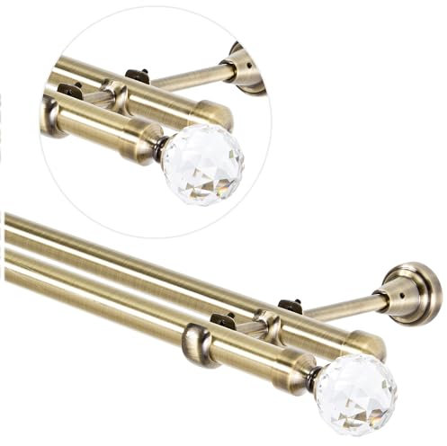 Gardinenstange 480 cm für Wandmontage, Vorhangstange 19 mm 2-läufig Antik Gold, Gardinenstangenset mit Kugel Kristall