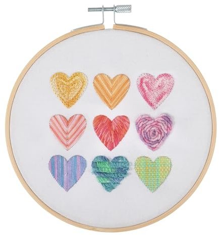 Trimits Embroidery Kits - 15cm 6 Embroidery Beginners Kit, Cross Stitch Kits for Adults, Starter Set with Bamboo Hoop, Fabric, Threads, Needle & Backing - Ombre Hearts