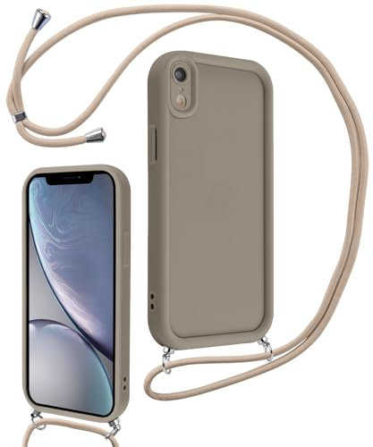 Coalbooliy Coque pour iPhone XR 6,1 avec Cordon de Collier Réglable, Etui Protection de la Caméra Silicone Souple TPU Antichoc Housse avec Corde Lanyard Cover pour Femmes Filles, Kaki