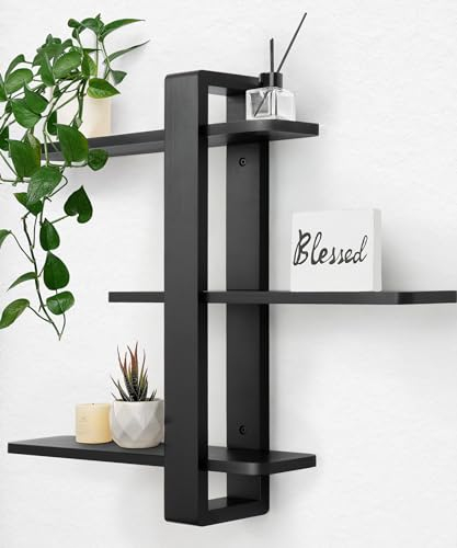 SUMGAR Wandregal Schwarz, Schweberegale, Hängeregal Größer, Praktische Dreistöckig Dekorative Regale aus Massive Holz für Wohnzimmer Schlafzimmer, Abnehmbarer Bretter, 50x58cm