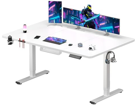 SANODESK Height Adjustable Electric Standing Desk 160 x 60 cm, White | Smart Control Panel with Memory Function, Integrated Hooks & Cup Holder, Ideal for Gaming and Home Office
