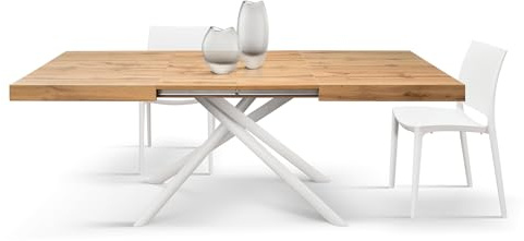 PAZZO DESIGN George Ausziehbarer Tisch, röhrenförmige Beine, weiß, hergestellt in Italien, rustikale Eiche, 160 x 90 x 74 cm - id_2116