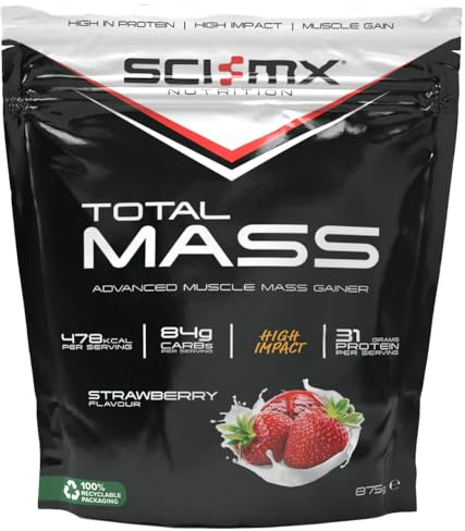 SCI-MX Total Mass • Mass Gainer Protein Powder • Strawberry Flavour • 875g | SCI-MX Total Mass • Strawberry Flavour • High Calorie Support • Mass Gainer • Muscle Gain