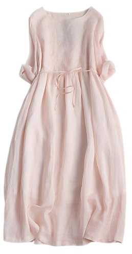 shownicer Robe Cotton en Lin Femme Longue d’été Manches 1/2 à Revers Décontractées Couleur Unie Boho Tunique Chic et élégant de Vacances à la Plage Maxi Dress E Rose XXL
