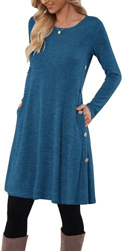 MOLERANI Pulloverkleid für Damen Langarmkleid Damen Knopf Lässiges Tunikakleid mit Taschen (Saphirblau,XXL)