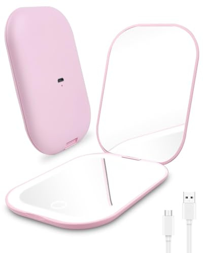 Rantizon Miroir compact rechargeable, miroir de maquillage portable LED de voyage, miroir de poche pour sac à main, grossissement 1x/2x, 3 modes d'éclairage pour femmes, adolescentes, filles, coffret
