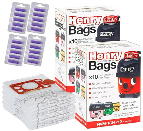 Genuine Hepa-Flo Henry Hoover Bags for Henry Vacuum Cleaner Pack of 20 With 20 Freshener Sticks - Hetty Vacuum Cleaner Bags - Numatic Hoover Bags for Hetty, Harry, James Models