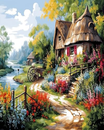 AxiangziK Kreuzstich-Set,11CT DIY-Kreuzstich-Set,Land Holzhaus Landschaft,Stickerei,Anfänger,vorgedrucktes Leinwand-Stickset,handgefertigt,40x50cm