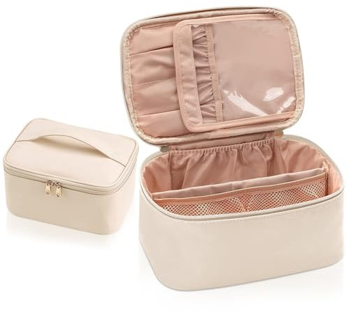 Kosmetiktasche Damen, Reise Schminktasche Groß Make Up Tasche Organizer, Wasserdichter Reise Kosmetiktasche Mit Griff und BüRstenfach Kulturtasche (Beige)