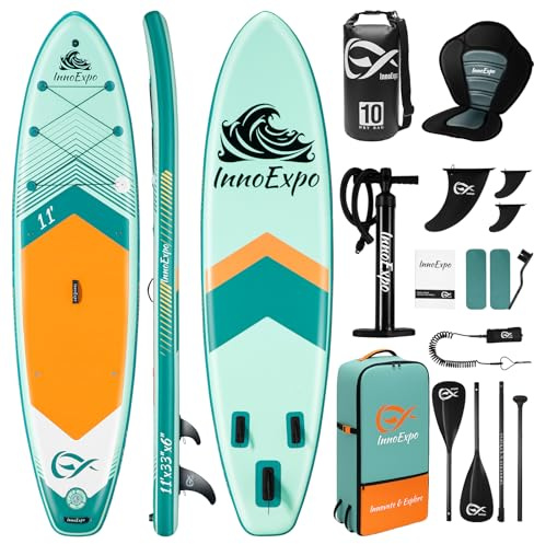 InnoExpo Aufblasbare Stand-Up-Paddle-Boards mit Premium-Zubehör, breites, stabiles SUP-Paddelboard-Design, rutschfestes Komfort-Deck für Jugendliche und Erwachsene