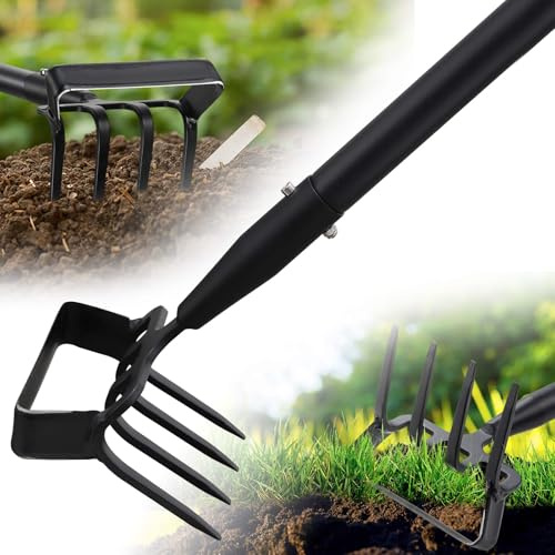 Garden Hoe, 2-in-1 Stirrup Action Hoe with 4-Tine Cultivator Rake, 74 Inch Long Handle Scuffle Weeder Hoe Weeding Tool for Fast Weeding, Soil Loosening, Aerating and Compost Mixing