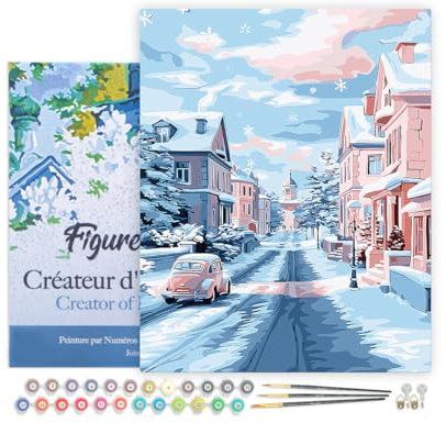 Figured'Art Peinture par Numéro Adulte avec Cadre Matinée Enneigée en Ville - Activité Manuelle Kit de Loisir Créatif DIY Numéro d'Art Complet - 40x50cm toile tendue sur châssis