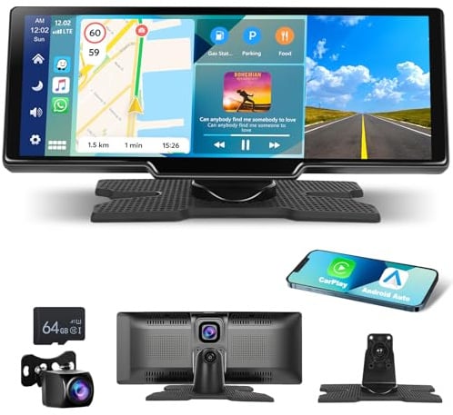 Motorsi 9.3 Zoll Tragbares Autoradio mit Wireless Carplay Android Auto Bildschirm 2.5K Dual Dash Cam, 7-32V Touchscreen mit Sprachassistent/Bluetooth/FM Transmitter/AUX+64G TF Karte+Foward Camera
