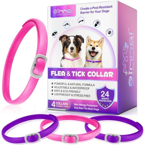 Collier Anti Puces pour Chien, 4Pcs Collier De Viande De Chien Et Menthe, 24 Mois De Protection À Long Terme Imperméable À l'eau Réglable, Convient À La Plupart des Chiens - Violet & Rose