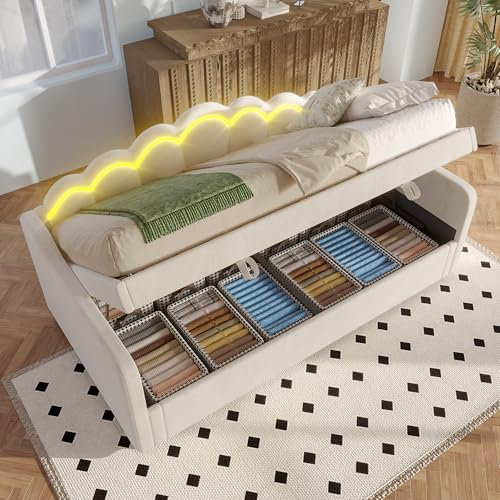 Kebnor Tagesbett, Schlafsofa, Hydraulisch Bett, Mit Stauraum, Einzelbett, Samt, 90x200cm(Ohne Matratze) (Beige)