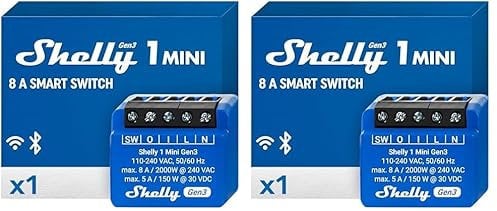 Shelly 1 Mini Gen3, Relé Interruptor Inalámbrico con contactos secos, Wi-Fi y Bluetooth, 1 Canal - 8A, Control remoto de luces, Alexa y Google Home, app iOS Android, No requiere hub (Paquete de 2)