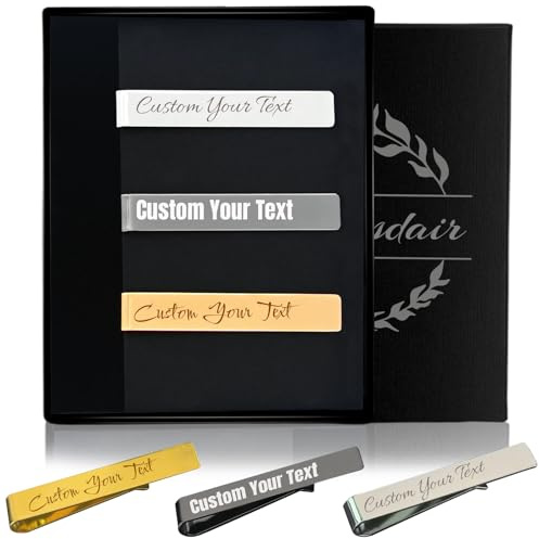 Personalisierte Krawattenklammern – Maßgefertigte Krawattenklammern für Herren – in Gold, Silber und Schwarz, 3er-Set, mit gravierten Metallklammern und Geschenkbox