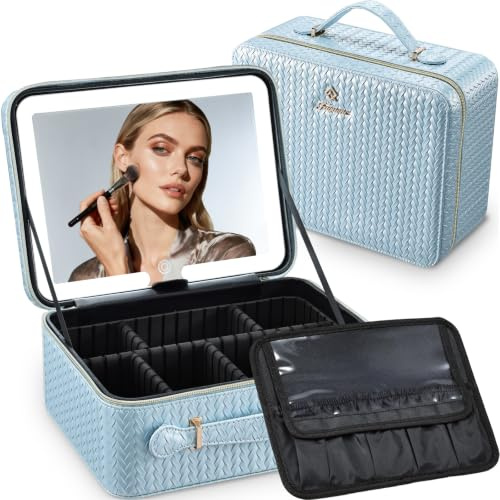 Makeup Bag with LED Mirror, Large Travel Make up Organiser Box Portable Makeup Case Cosmetic Bag Vanity Cases with Adjustable Compartment, 3 Color Modes Light Up Mirror Make Up Case, Gift for Women